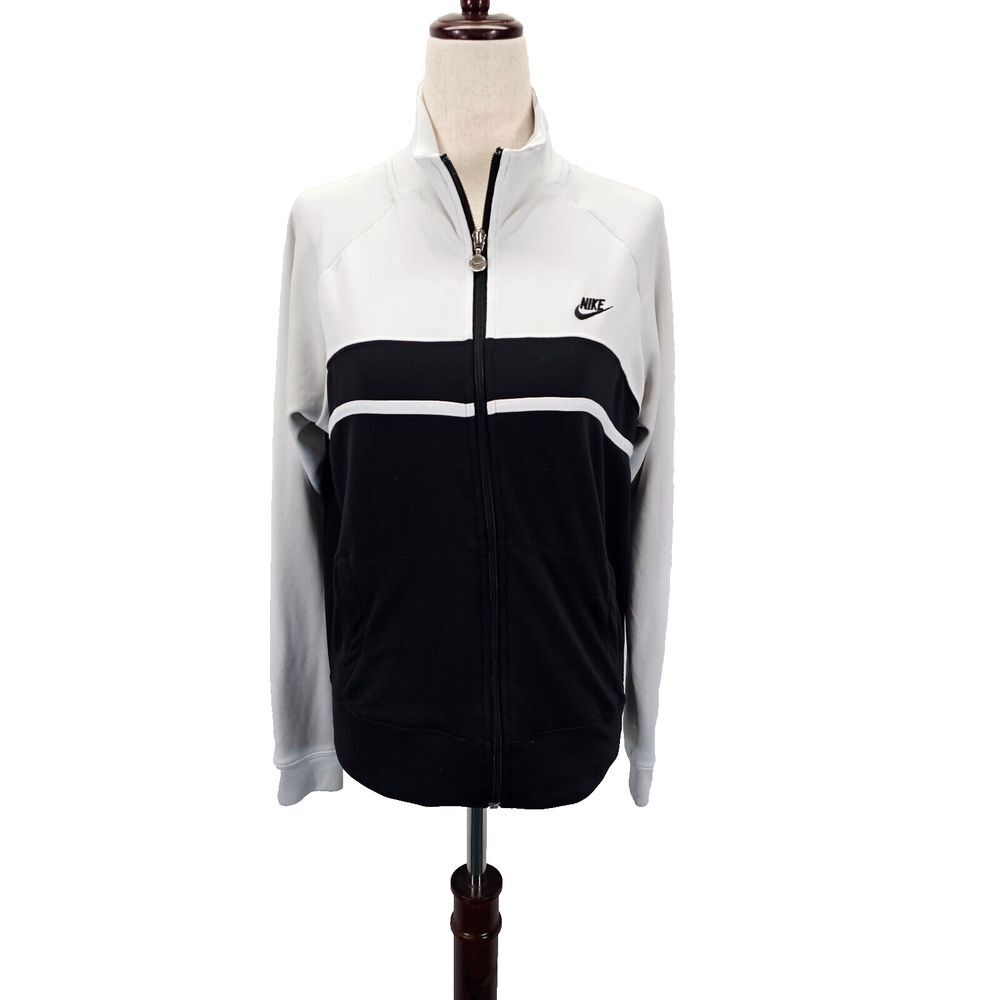 Vintage Nike Jacket Womens M Black White Track Stripe Logo Full Zip Pockets EUC‎